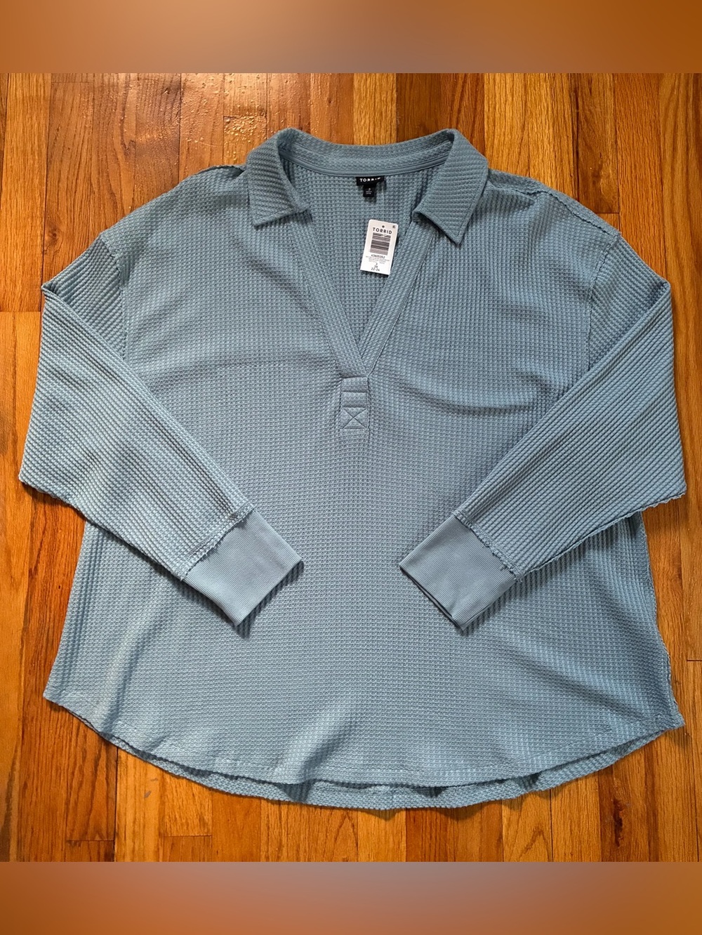 NWT Torrid Blue Solid Waffle Knit Long Sleeve V-Neck Pullover Top Women’s 3X